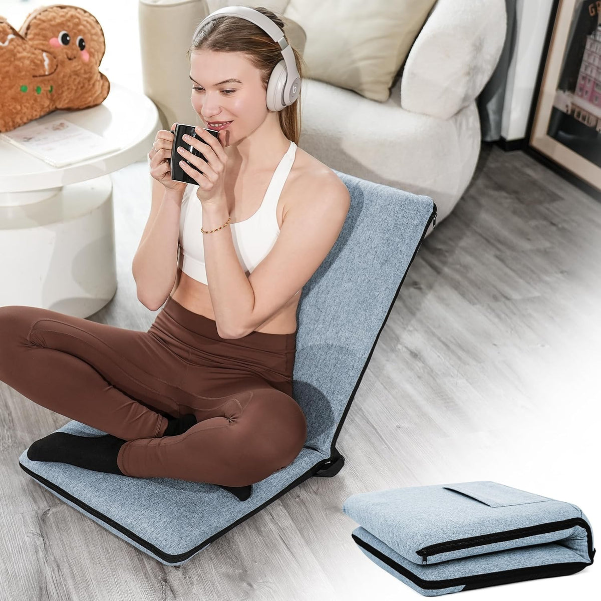 Adjustable Floor Chair with Back Support Foldable Meditation Seat, Coffee | 14-Position Adjust, 330lbs Weight Capacity, Washable Cover, Sturdy Bearings, Ground Seat for Adults, Portable for Meditation