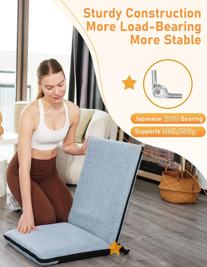 Adjustable Floor Chair with Back Support Foldable Meditation Seat, Coffee | 14-Position Adjust, 330lbs Weight Capacity, Washable Cover, Sturdy Bearings, Ground Seat for Adults, Portable for Meditation