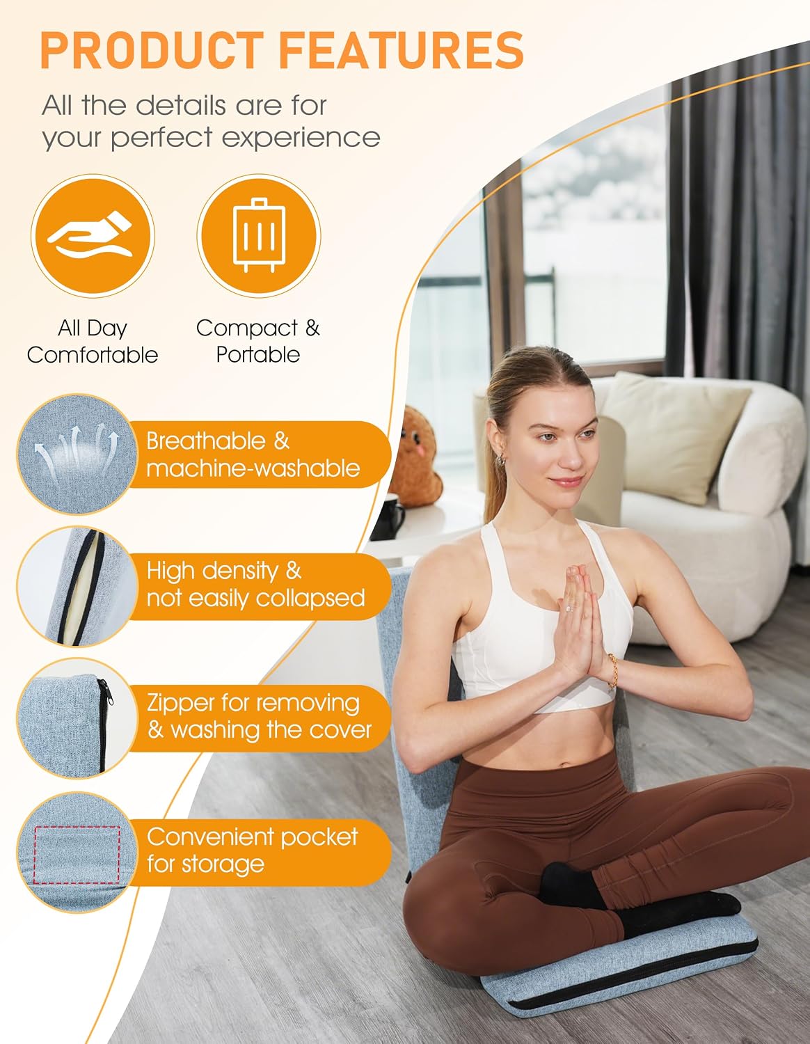 Adjustable Floor Chair with Back Support Foldable Meditation Seat, Coffee | 14-Position Adjust, 330lbs Weight Capacity, Washable Cover, Sturdy Bearings, Ground Seat for Adults, Portable for Meditation