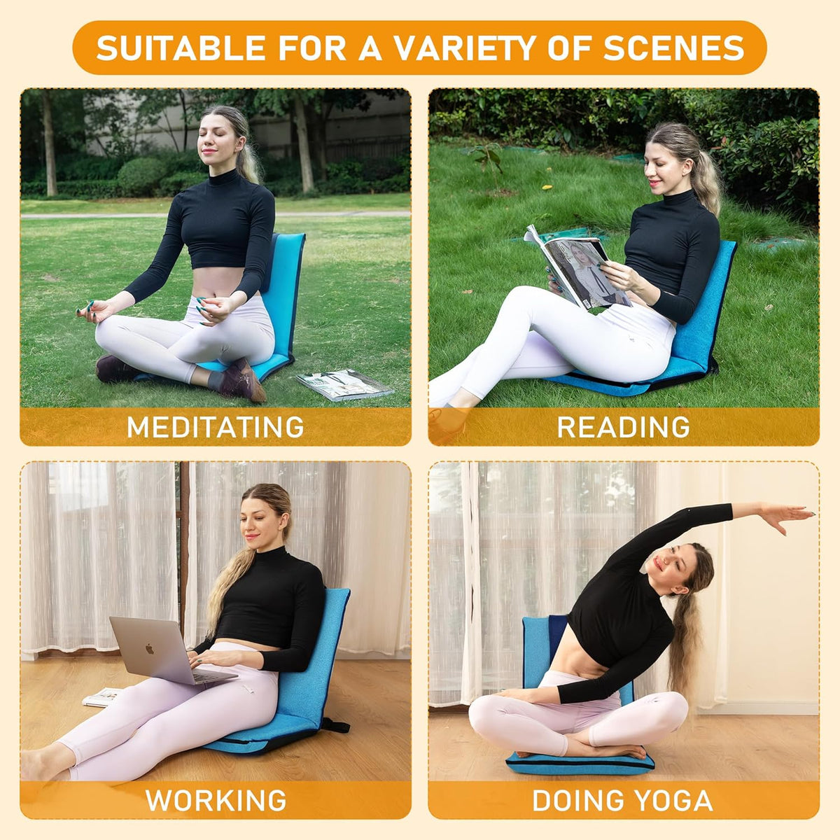 Adjustable Floor Chair with Back Support Foldable Meditation Seat, Coffee | 14-Position Adjust, 330lbs Weight Capacity, Washable Cover, Sturdy Bearings, Ground Seat for Adults, Portable for Meditation