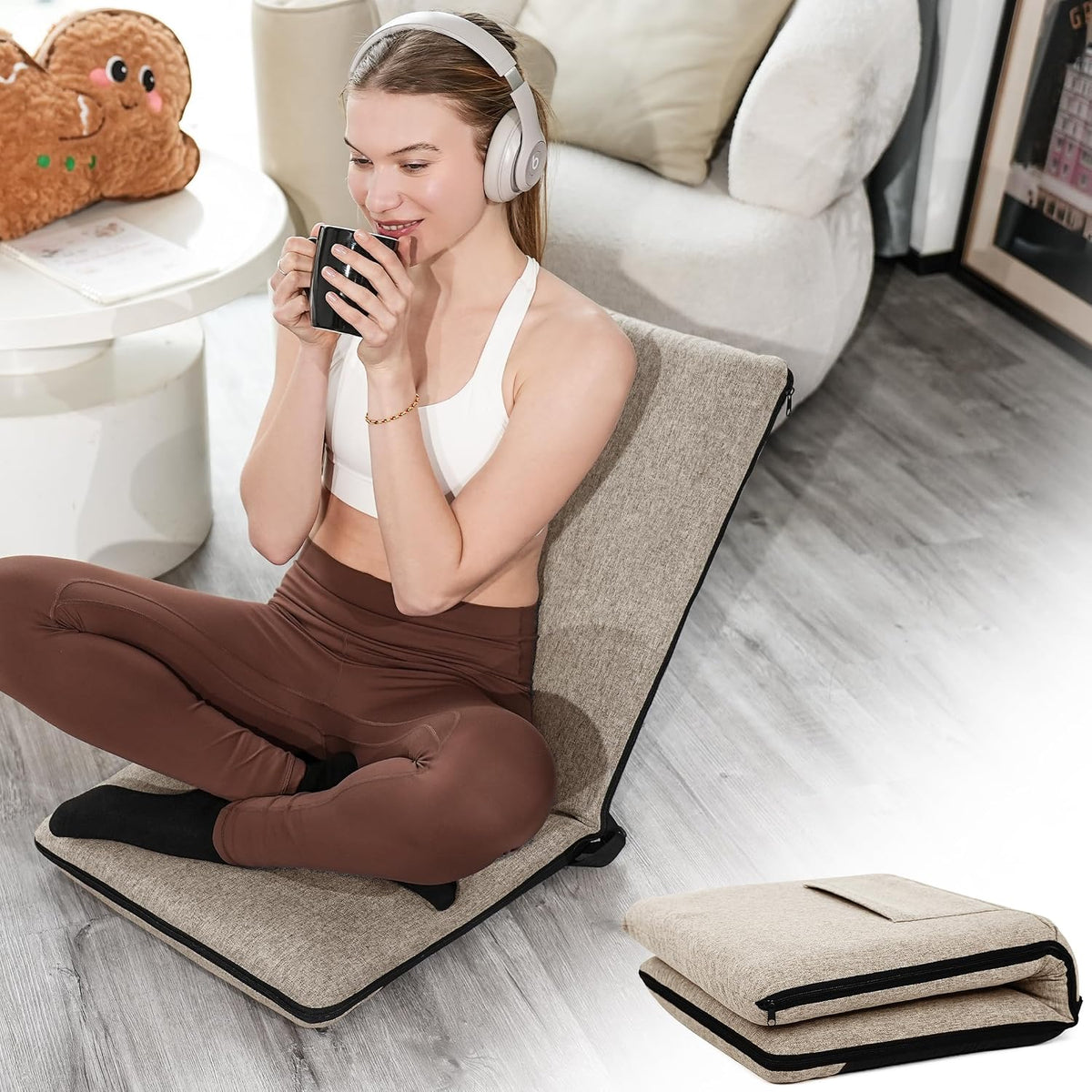 Adjustable Floor Chair with Back Support Foldable Meditation Seat, Coffee | 14-Position Adjust, 330lbs Weight Capacity, Washable Cover, Sturdy Bearings, Ground Seat for Adults, Portable for Meditation
