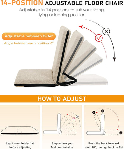 Adjustable Floor Chair with Back Support Foldable Meditation Seat, Coffee | 14-Position Adjust, 330lbs Weight Capacity, Washable Cover, Sturdy Bearings, Ground Seat for Adults, Portable for Meditation