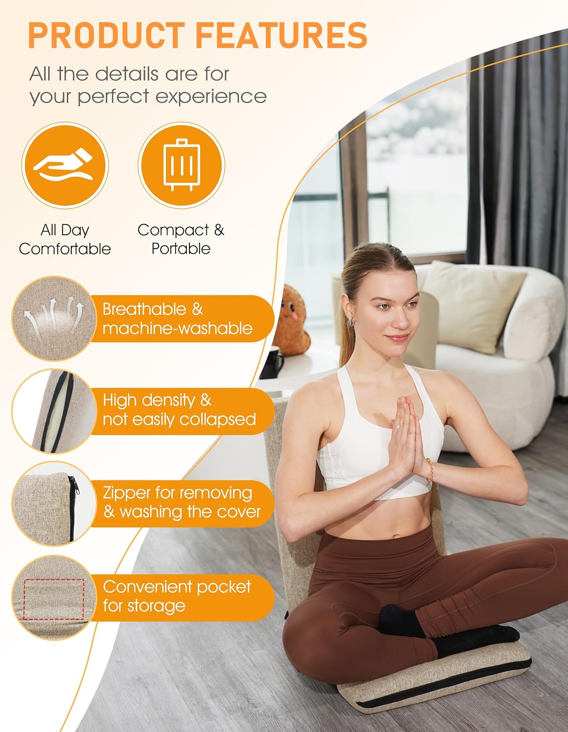 Adjustable Floor Chair with Back Support Foldable Meditation Seat, Coffee | 14-Position Adjust, 330lbs Weight Capacity, Washable Cover, Sturdy Bearings, Ground Seat for Adults, Portable for Meditation
