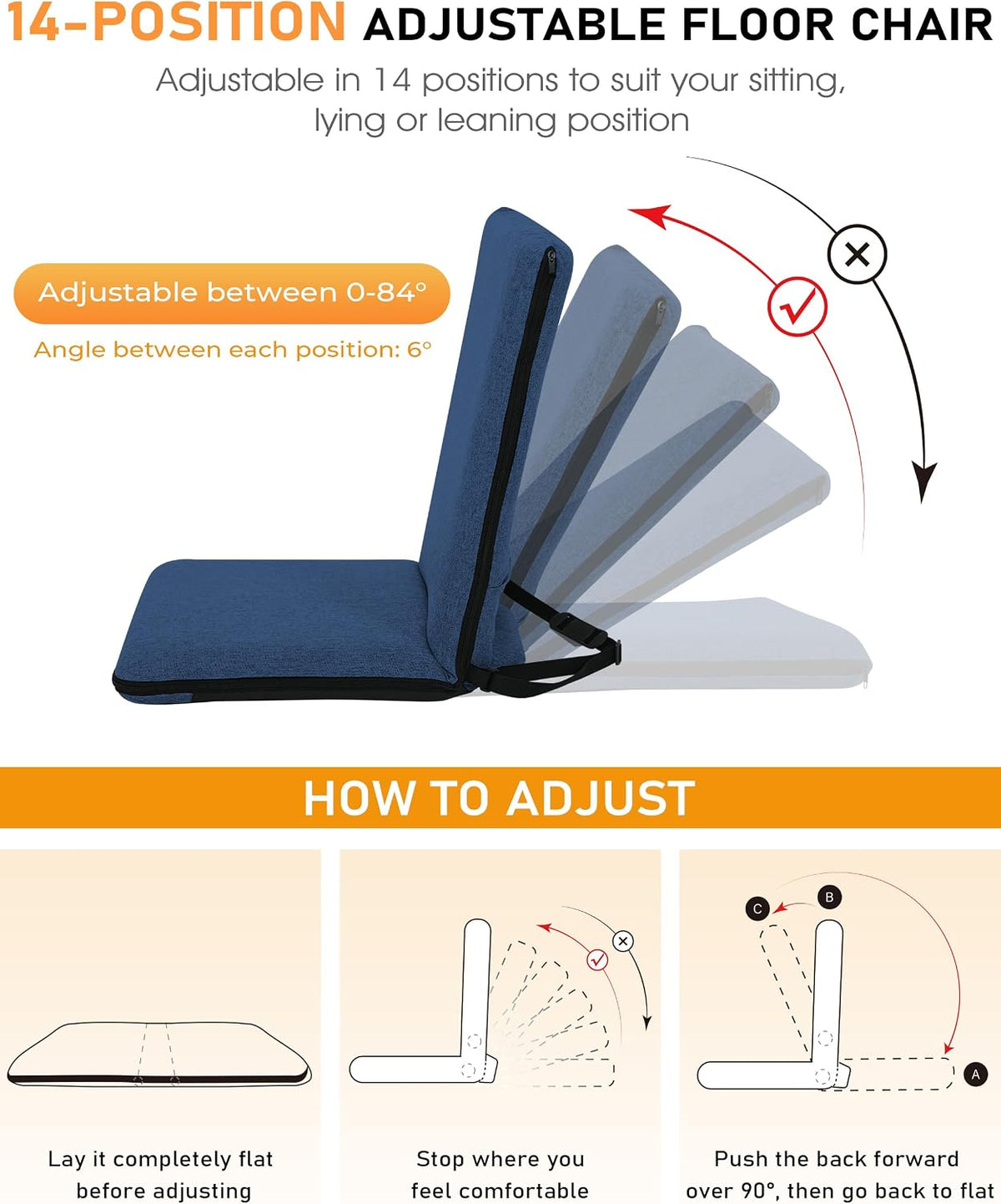 Adjustable Floor Chair with Back Support Foldable Meditation Seat, Coffee | 14-Position Adjust, 330lbs Weight Capacity, Washable Cover, Sturdy Bearings, Ground Seat for Adults, Portable for Meditation
