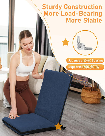Adjustable Floor Chair with Back Support Foldable Meditation Seat, Coffee | 14-Position Adjust, 330lbs Weight Capacity, Washable Cover, Sturdy Bearings, Ground Seat for Adults, Portable for Meditation