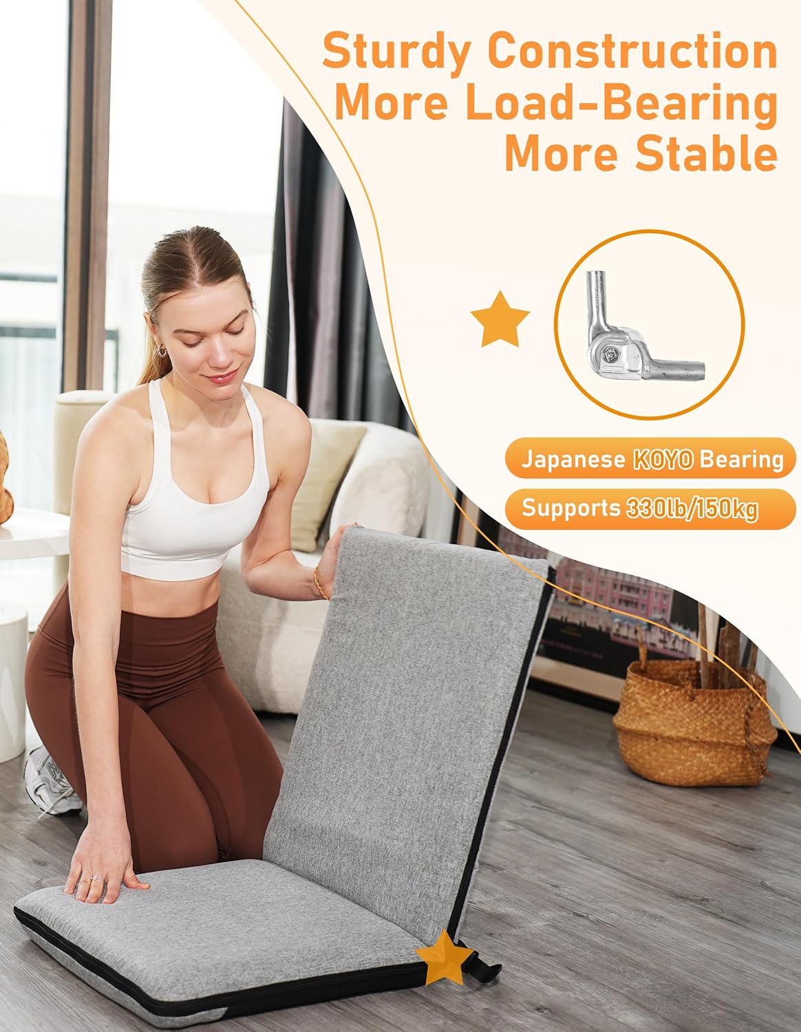 Adjustable Floor Chair with Back Support Foldable Meditation Seat, Coffee | 14-Position Adjust, 330lbs Weight Capacity, Washable Cover, Sturdy Bearings, Ground Seat for Adults, Portable for Meditation
