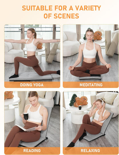 Adjustable Floor Chair with Back Support Foldable Meditation Seat, Coffee | 14-Position Adjust, 330lbs Weight Capacity, Washable Cover, Sturdy Bearings, Ground Seat for Adults, Portable for Meditation