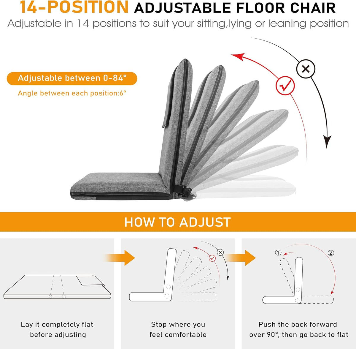 Adjustable Floor Chair with Back Support Foldable Meditation Seat, Coffee | 14-Position Adjust, 330lbs Weight Capacity, Washable Cover, Sturdy Bearings, Ground Seat for Adults, Portable for Meditation