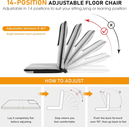 Adjustable Floor Chair with Back Support Foldable Meditation Seat, Coffee | 14-Position Adjust, 330lbs Weight Capacity, Washable Cover, Sturdy Bearings, Ground Seat for Adults, Portable for Meditation
