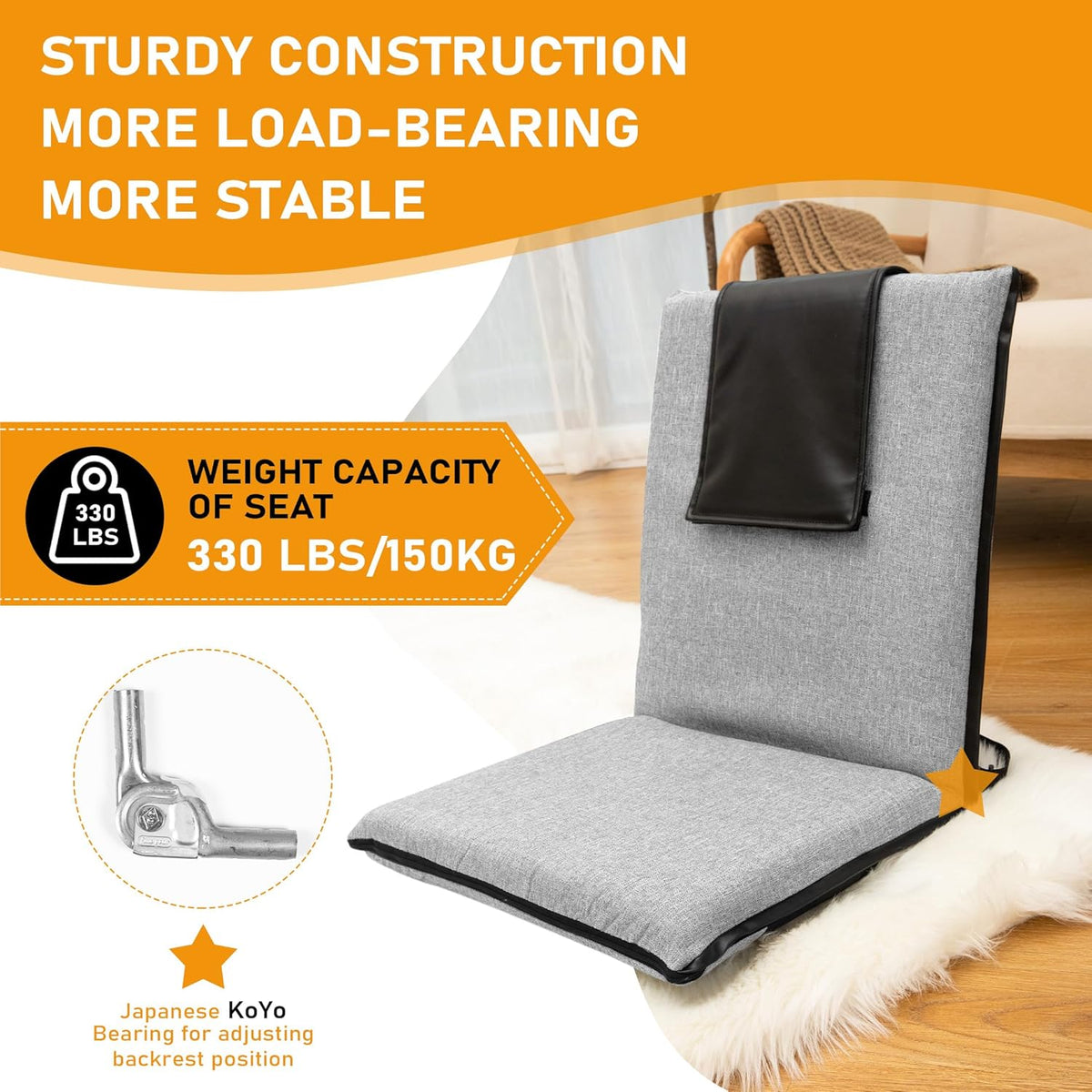 Adjustable Floor Chair with Back Support Foldable Meditation Seat, Coffee | 14-Position Adjust, 330lbs Weight Capacity, Washable Cover, Sturdy Bearings, Ground Seat for Adults, Portable for Meditation