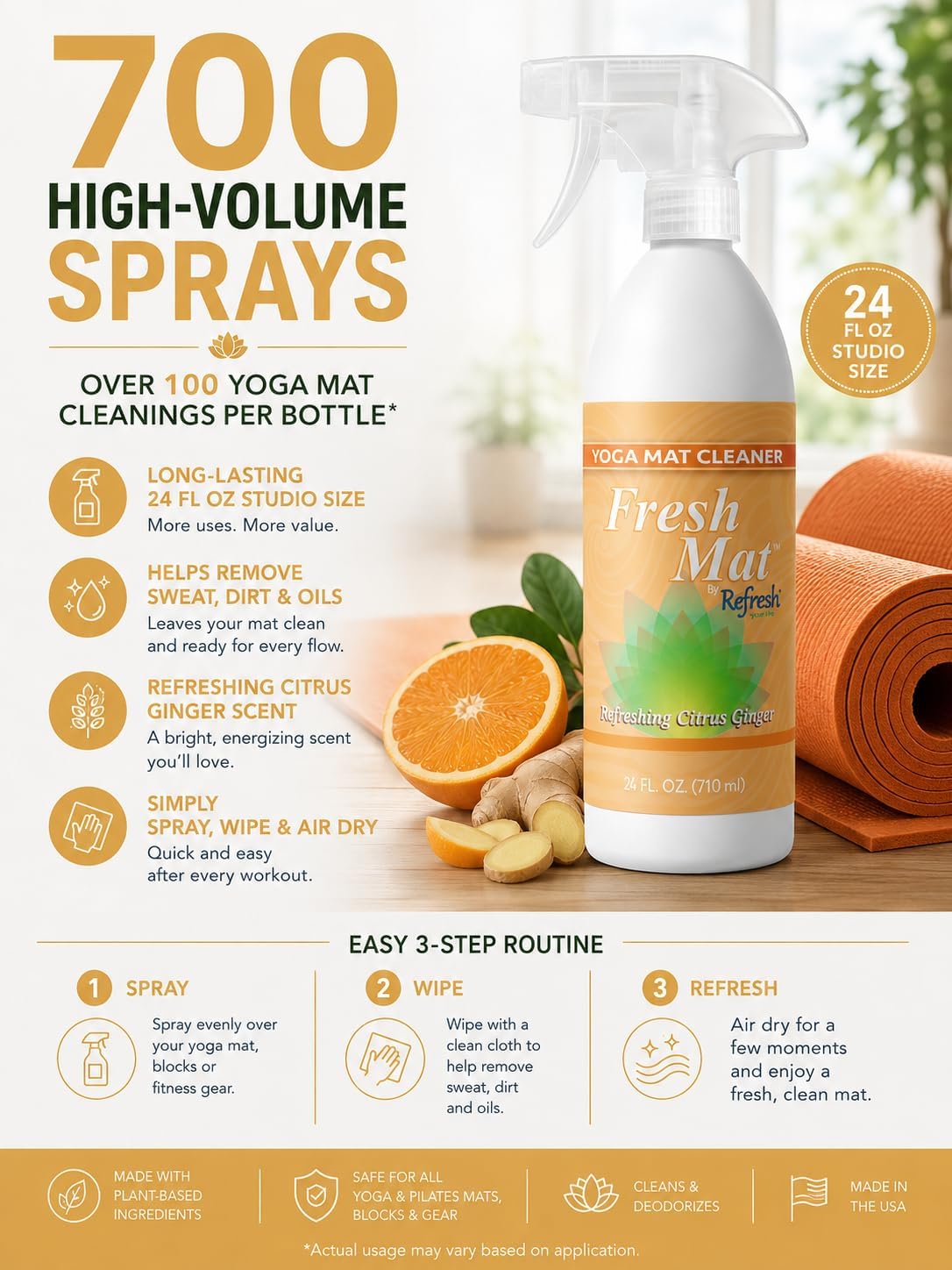 Fresh Mat Yoga Mat Cleaner Spray - Natural Deodorizing Cleaner for Yoga Mats & Fitness Equipment - No-Rinse, Residue-Free Formula with Witch Hazel & Essential Oil, Refreshing Citrus Ginger (24 fl oz).