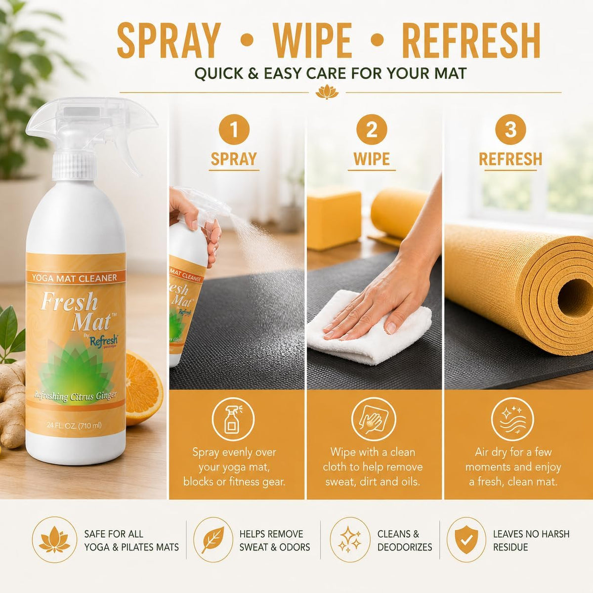Fresh Mat Yoga Mat Cleaner Spray - Natural Deodorizing Cleaner for Yoga Mats & Fitness Equipment - No-Rinse, Residue-Free Formula with Witch Hazel & Essential Oil, Refreshing Citrus Ginger (24 fl oz).