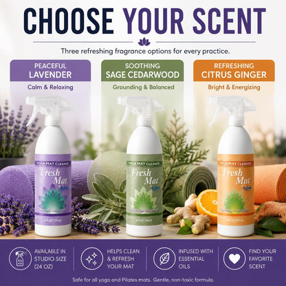 Fresh Mat Yoga Mat Cleaner Spray - Natural Deodorizing Cleaner for Yoga Mats & Fitness Equipment - No-Rinse, Residue-Free Formula with Witch Hazel & Essential Oil, Refreshing Citrus Ginger (24 fl oz).