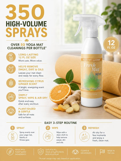 Fresh Mat Yoga Mat Cleaner Spray - Natural Deodorizing Cleaner for Yoga Mats & Fitness Equipment - No-Rinse, Residue-Free Formula with Witch Hazel & Essential Oil, Refreshing Citrus Ginger (24 fl oz).