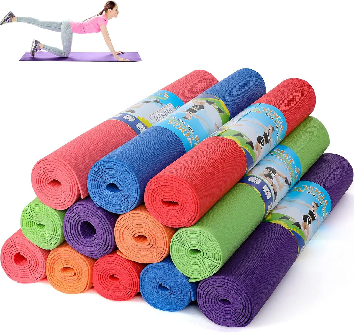 12 Pieces Yoga Mats Bulk 68x24x0.12 Inch Exercise Non Slip Fitness Workout Mats for Women Men Home Workout Gym Yoga