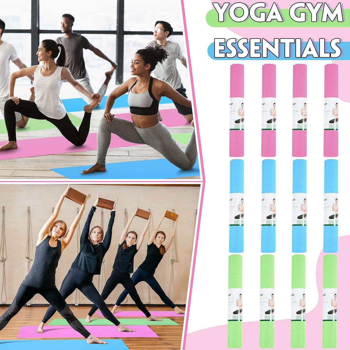 12 Pieces Yoga Mats Bulk 68x24x0.12 Inch Exercise Non Slip Fitness Workout Mats for Women Men Home Workout Gym Yoga