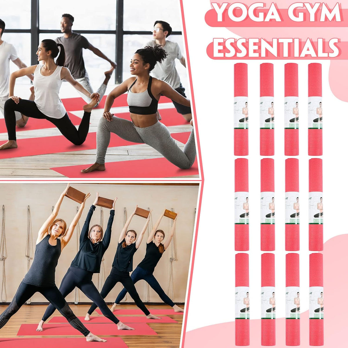 12 Pieces Yoga Mats Bulk 68x24x0.12 Inch Exercise Non Slip Fitness Workout Mats for Women Men Home Workout Gym Yoga