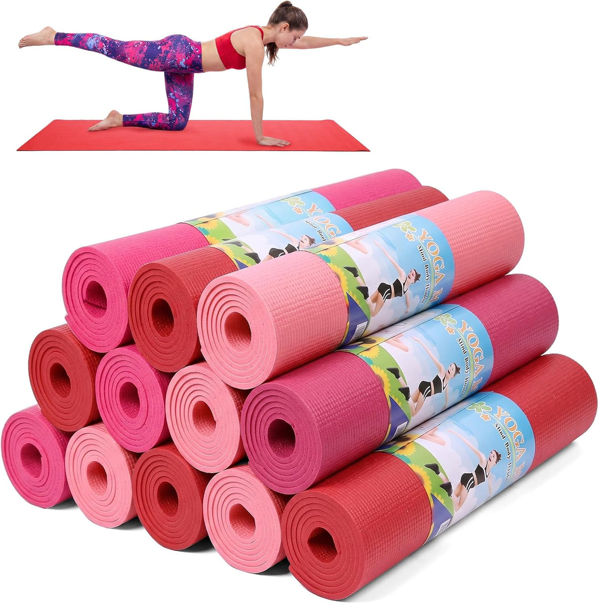 12 Pieces Yoga Mats Bulk 68x24x0.12 Inch Exercise Non Slip Fitness Workout Mats for Women Men Home Workout Gym Yoga