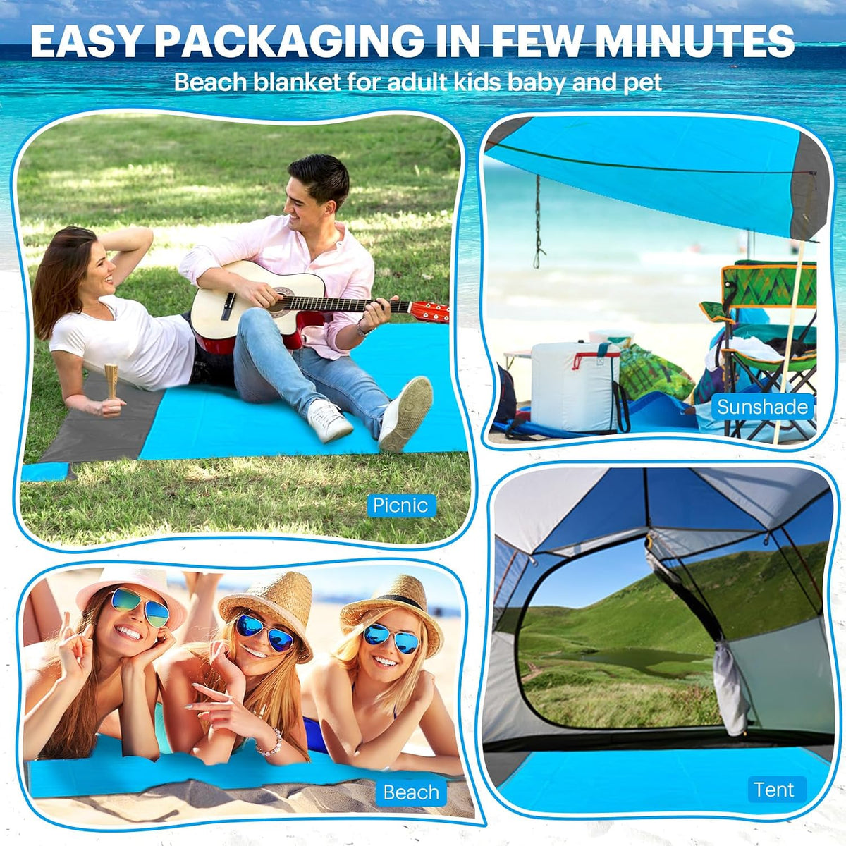 Beach Blanket Sandproof Oversized, 79''×83'' Extra Large Beach Mat, Portable Picnic Mat for Travel Camping Hiking, Lightweight Beach Essentials Family Water Resistant Mat