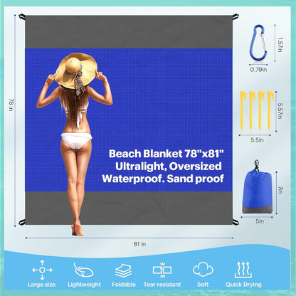 Beach Blanket Sandproof Oversized, 79''×83'' Extra Large Beach Mat, Portable Picnic Mat for Travel Camping Hiking, Lightweight Beach Essentials Family Water Resistant Mat