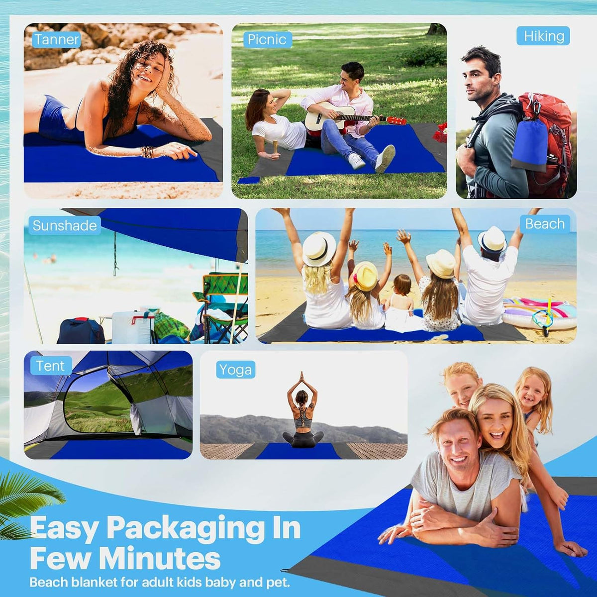 Beach Blanket Sandproof Oversized, 79''×83'' Extra Large Beach Mat, Portable Picnic Mat for Travel Camping Hiking, Lightweight Beach Essentials Family Water Resistant Mat