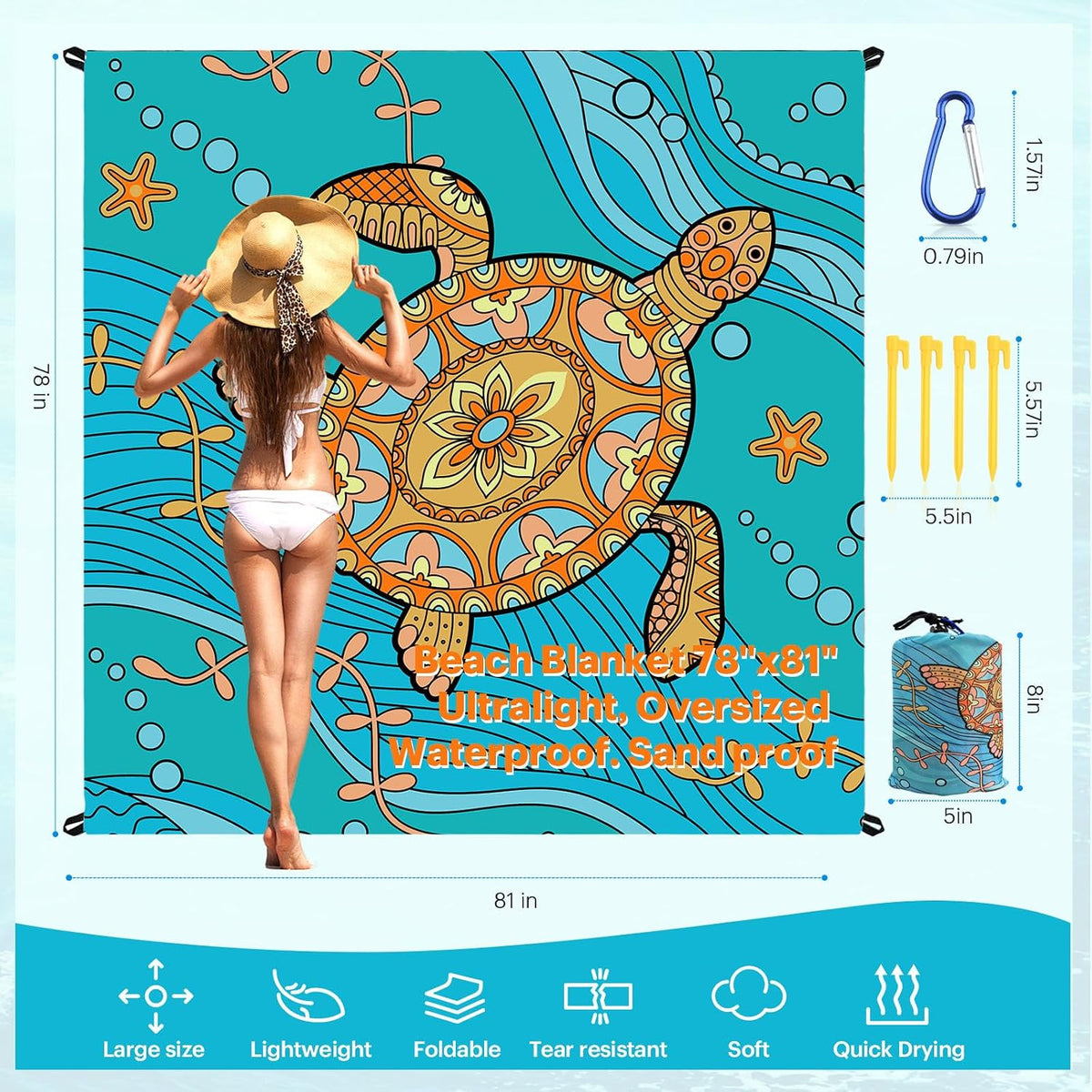 Beach Blanket Sandproof Oversized, 79''×83'' Extra Large Beach Mat, Portable Picnic Mat for Travel Camping Hiking, Lightweight Beach Essentials Family Water Resistant Mat