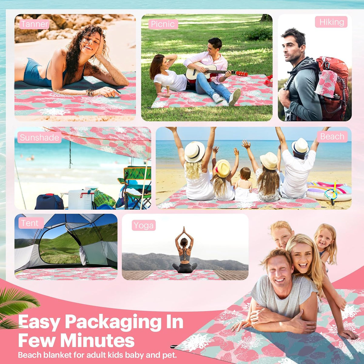 Beach Blanket Sandproof Oversized, 79''×83'' Extra Large Beach Mat, Portable Picnic Mat for Travel Camping Hiking, Lightweight Beach Essentials Family Water Resistant Mat