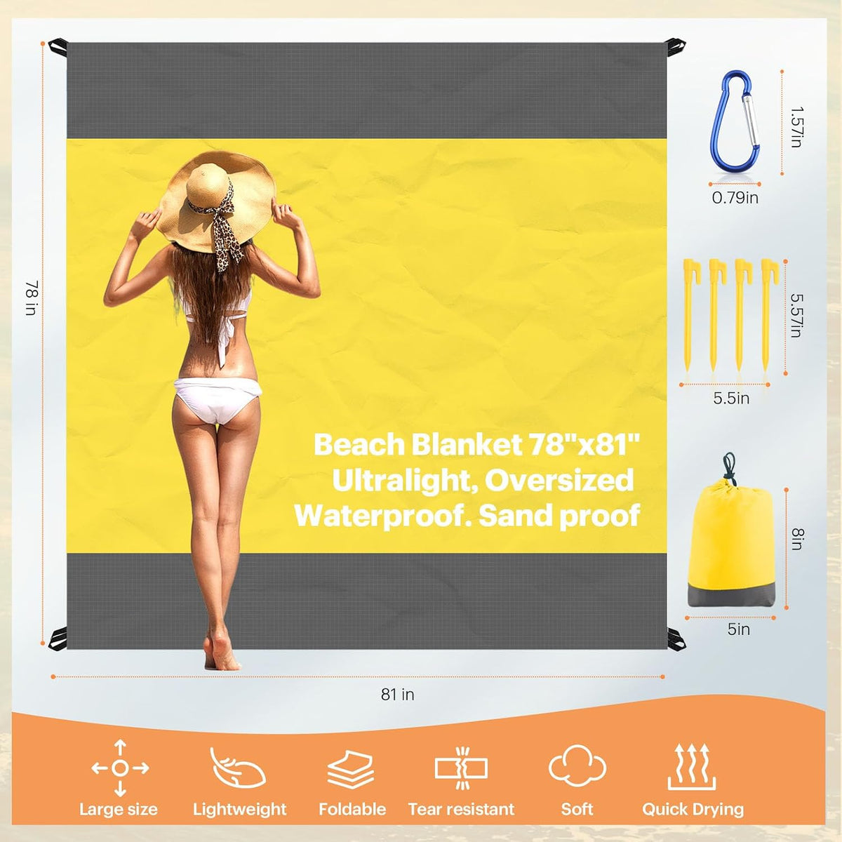 Beach Blanket Sandproof Oversized, 79''×83'' Extra Large Beach Mat, Portable Picnic Mat for Travel Camping Hiking, Lightweight Beach Essentials Family Water Resistant Mat