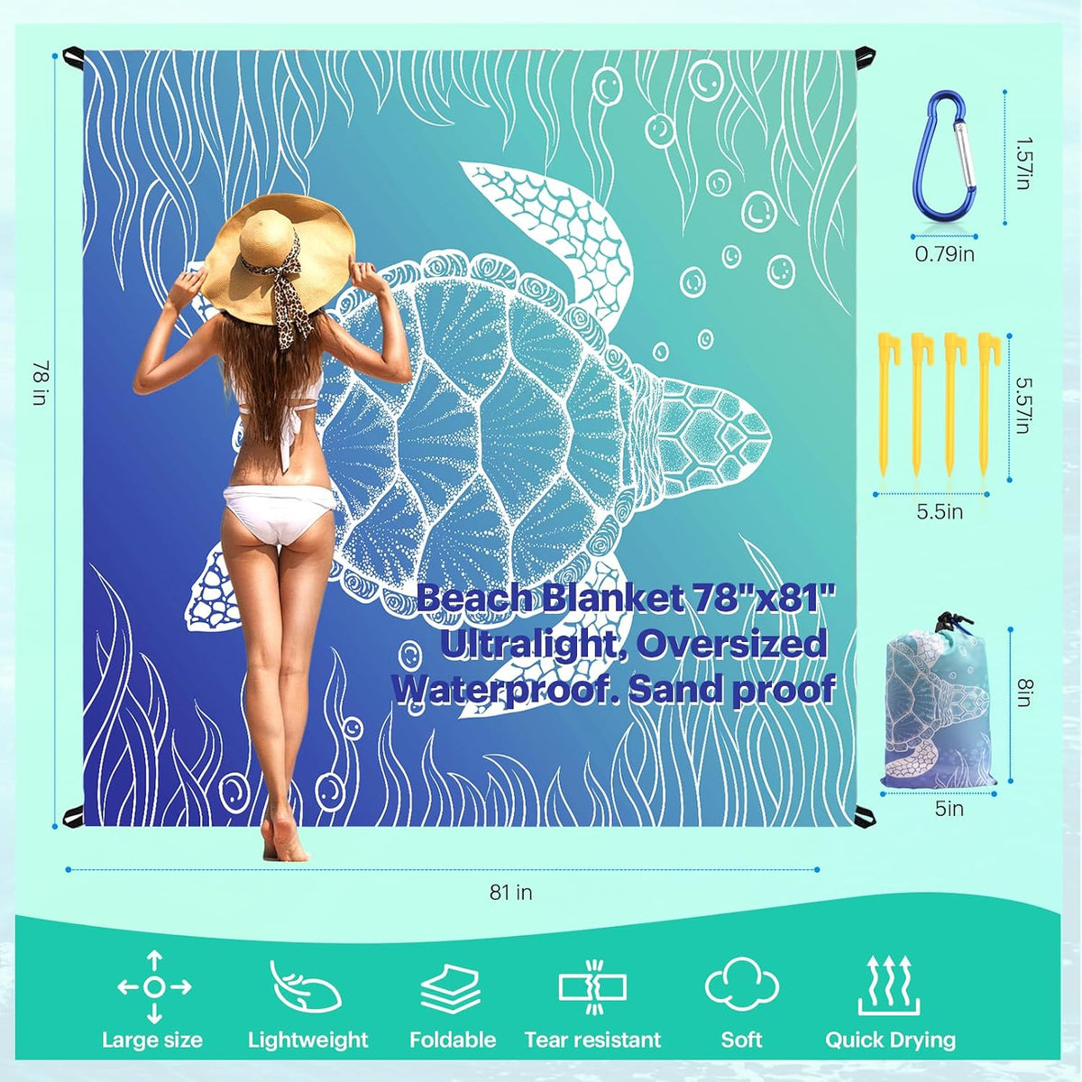 Beach Blanket Sandproof Oversized, 79''×83'' Extra Large Beach Mat, Portable Picnic Mat for Travel Camping Hiking, Lightweight Beach Essentials Family Water Resistant Mat