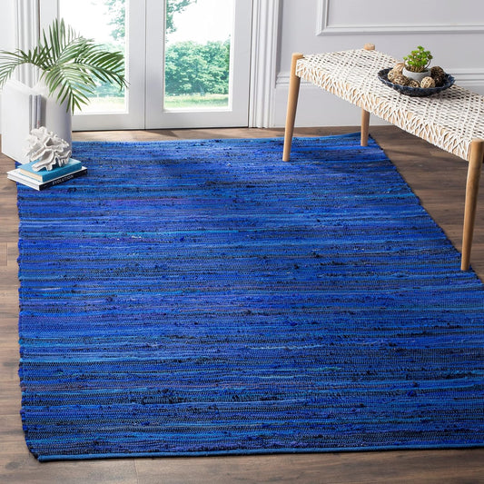 Area Rug 3x5 - Rag Rug Collection - Blue & Multi, Handmade Cotton, Boho Stripe Pattern, Ideal for Entryway, Living Room, Bedroom, Dining Space (RAR130B)