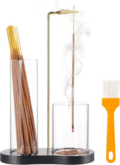 2 in 1 Incense Holder for Sticks with Glass Ash Catcher, Upside Down Anti-Ash Incense Stick Burner for Outdoor Patio, Modern Vertical Incense Holder for Home Decor, Spa, Meditation and Reddish Brown