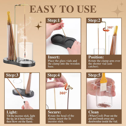 2 in 1 Incense Holder for Sticks with Glass Ash Catcher, Upside Down Anti-Ash Incense Stick Burner for Outdoor Patio, Modern Vertical Incense Holder for Home Decor, Spa, Meditation and Reddish Brown