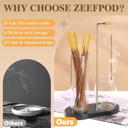 2 in 1 Incense Holder for Sticks with Glass Ash Catcher, Upside Down Anti-Ash Incense Stick Burner for Outdoor Patio, Modern Vertical Incense Holder for Home Decor, Spa, Meditation and Reddish Brown