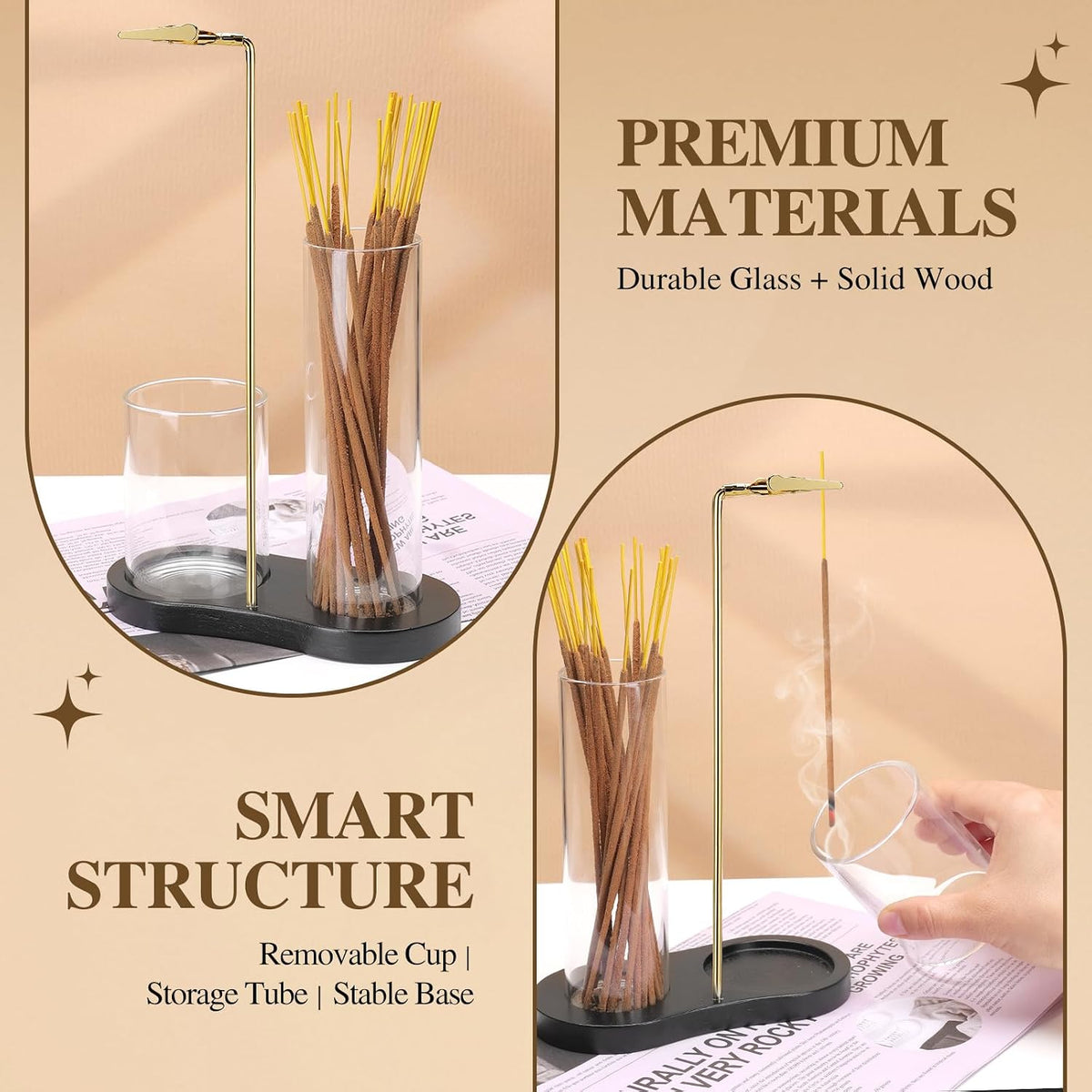 2 in 1 Incense Holder for Sticks with Glass Ash Catcher, Upside Down Anti-Ash Incense Stick Burner for Outdoor Patio, Modern Vertical Incense Holder for Home Decor, Spa, Meditation and Reddish Brown