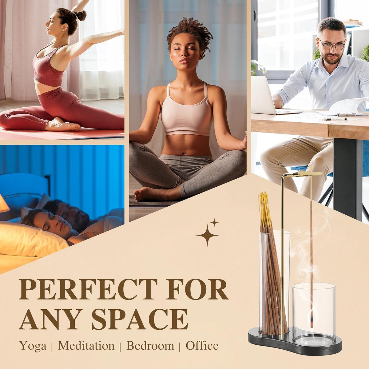 2 in 1 Incense Holder for Sticks with Glass Ash Catcher, Upside Down Anti-Ash Incense Stick Burner for Outdoor Patio, Modern Vertical Incense Holder for Home Decor, Spa, Meditation and Reddish Brown