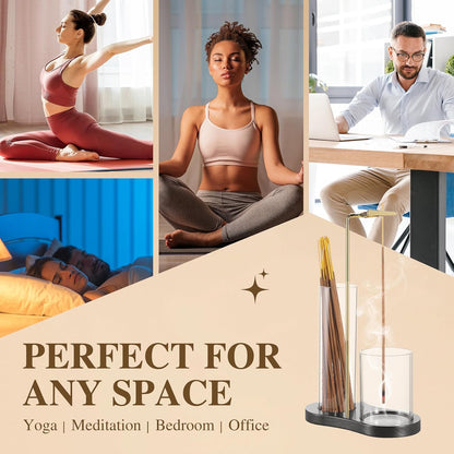 2 in 1 Incense Holder for Sticks with Glass Ash Catcher, Upside Down Anti-Ash Incense Stick Burner for Outdoor Patio, Modern Vertical Incense Holder for Home Decor, Spa, Meditation and Reddish Brown