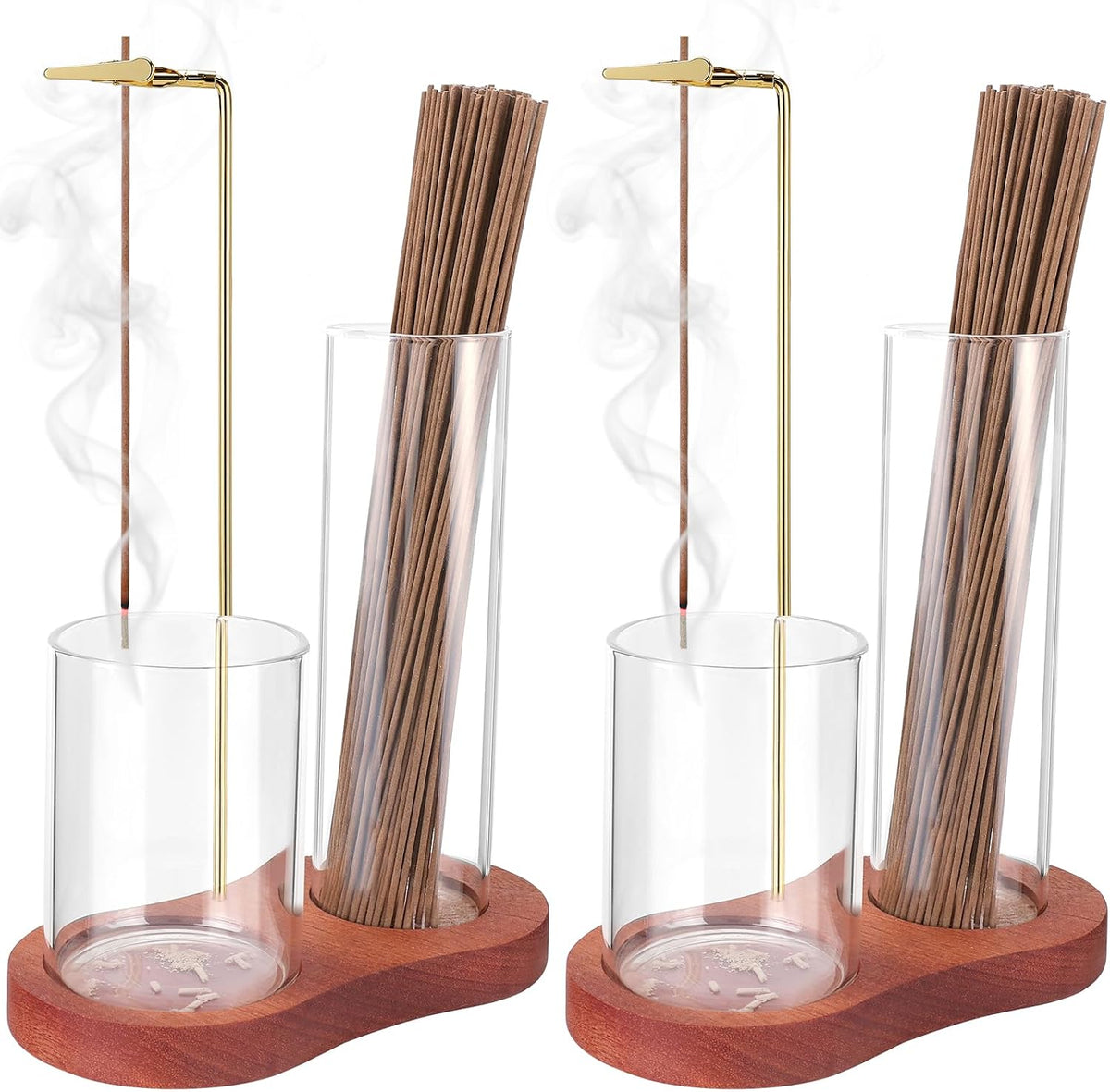 2 in 1 Incense Holder for Sticks with Glass Ash Catcher, Upside Down Anti-Ash Incense Stick Burner for Outdoor Patio, Modern Vertical Incense Holder for Home Decor, Spa, Meditation and Reddish Brown