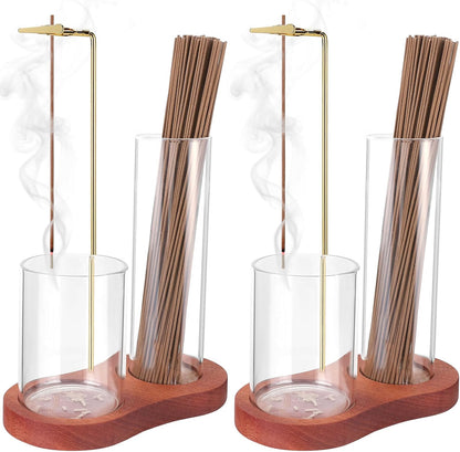 2 in 1 Incense Holder for Sticks with Glass Ash Catcher, Upside Down Anti-Ash Incense Stick Burner for Outdoor Patio, Modern Vertical Incense Holder for Home Decor, Spa, Meditation and Reddish Brown