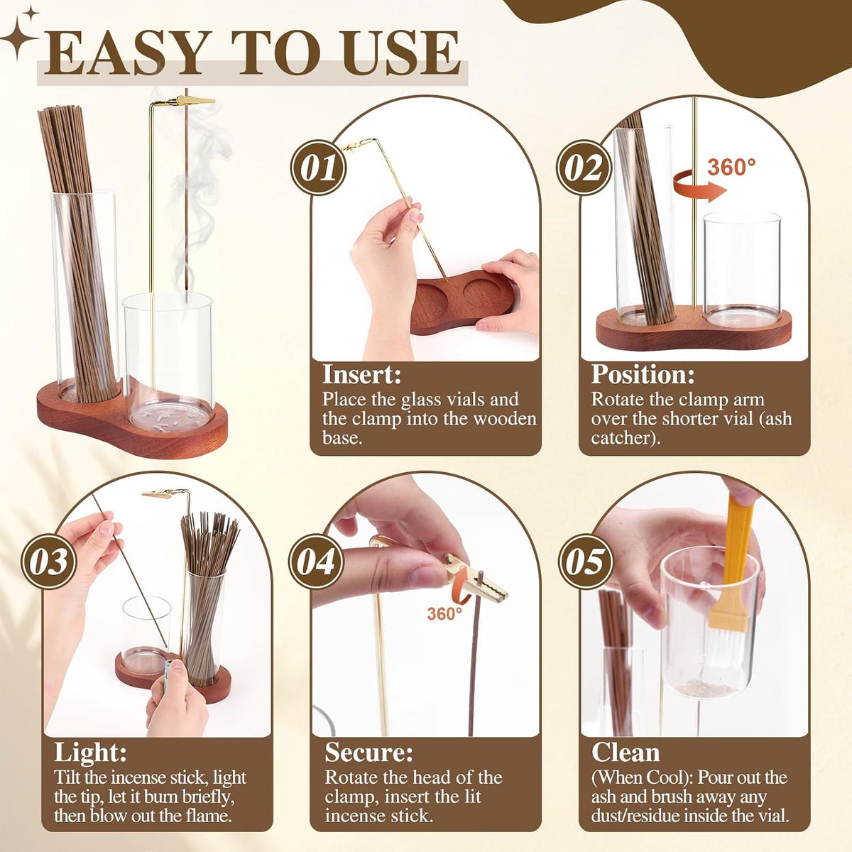 2 in 1 Incense Holder for Sticks with Glass Ash Catcher, Upside Down Anti-Ash Incense Stick Burner for Outdoor Patio, Modern Vertical Incense Holder for Home Decor, Spa, Meditation and Reddish Brown