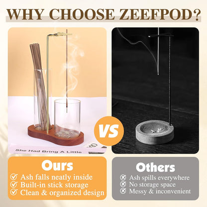 2 in 1 Incense Holder for Sticks with Glass Ash Catcher, Upside Down Anti-Ash Incense Stick Burner for Outdoor Patio, Modern Vertical Incense Holder for Home Decor, Spa, Meditation and Reddish Brown