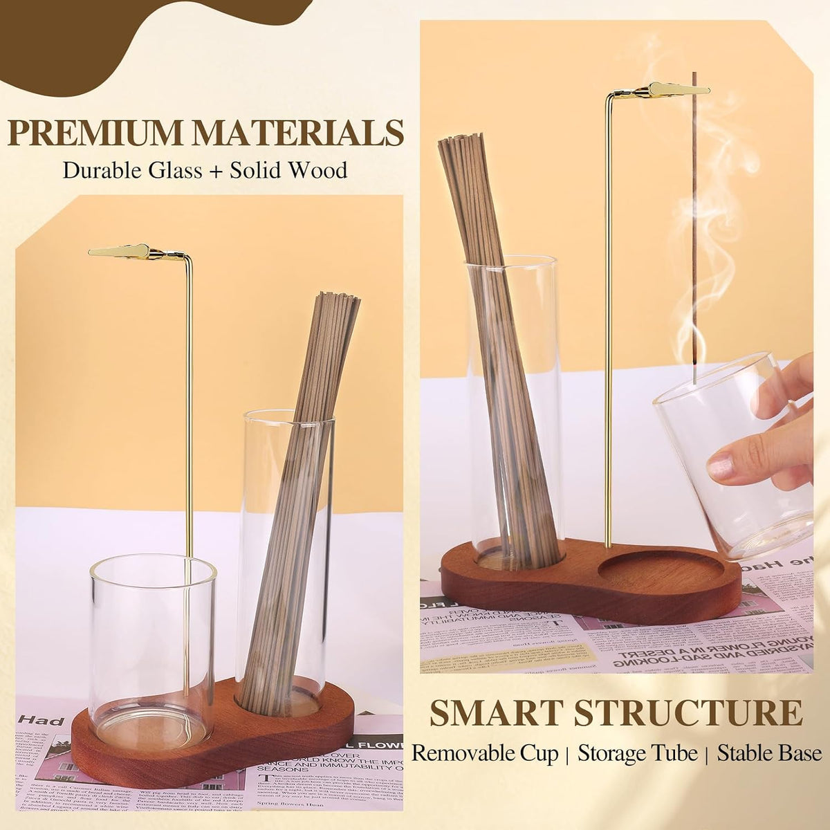 2 in 1 Incense Holder for Sticks with Glass Ash Catcher, Upside Down Anti-Ash Incense Stick Burner for Outdoor Patio, Modern Vertical Incense Holder for Home Decor, Spa, Meditation and Reddish Brown