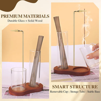 2 in 1 Incense Holder for Sticks with Glass Ash Catcher, Upside Down Anti-Ash Incense Stick Burner for Outdoor Patio, Modern Vertical Incense Holder for Home Decor, Spa, Meditation and Reddish Brown