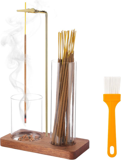 2 in 1 Incense Holder for Sticks with Glass Ash Catcher, Upside Down Anti-Ash Incense Stick Burner for Outdoor Patio, Modern Vertical Incense Holder for Home Decor, Spa, Meditation and Reddish Brown