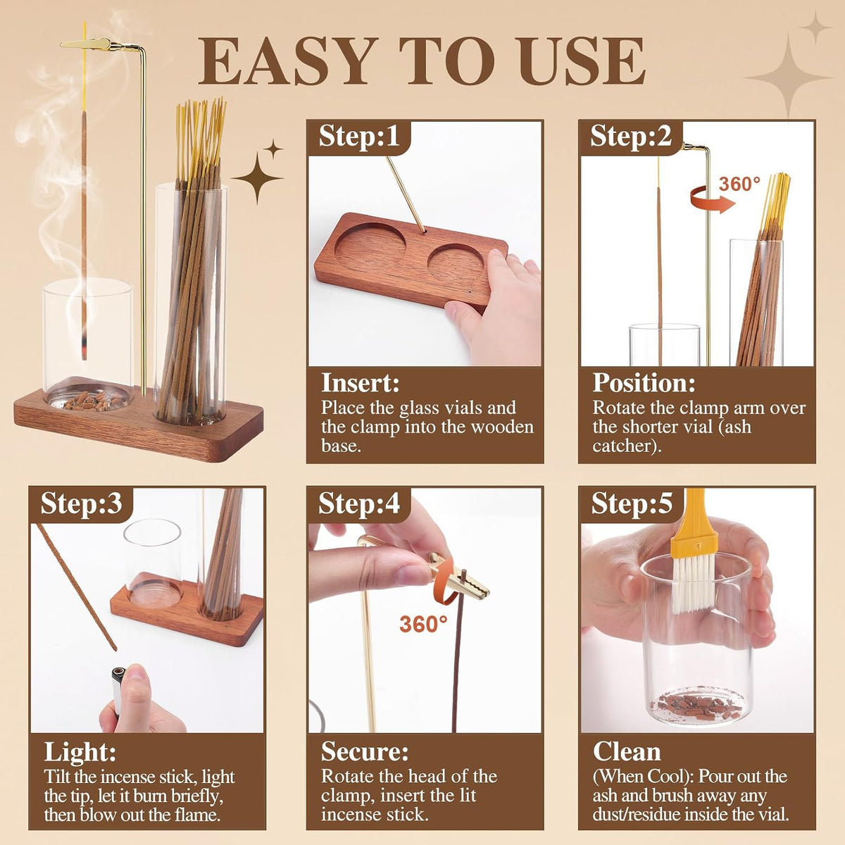 2 in 1 Incense Holder for Sticks with Glass Ash Catcher, Upside Down Anti-Ash Incense Stick Burner for Outdoor Patio, Modern Vertical Incense Holder for Home Decor, Spa, Meditation and Reddish Brown