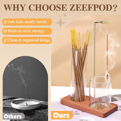 2 in 1 Incense Holder for Sticks with Glass Ash Catcher, Upside Down Anti-Ash Incense Stick Burner for Outdoor Patio, Modern Vertical Incense Holder for Home Decor, Spa, Meditation and Reddish Brown