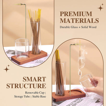 2 in 1 Incense Holder for Sticks with Glass Ash Catcher, Upside Down Anti-Ash Incense Stick Burner for Outdoor Patio, Modern Vertical Incense Holder for Home Decor, Spa, Meditation and Reddish Brown