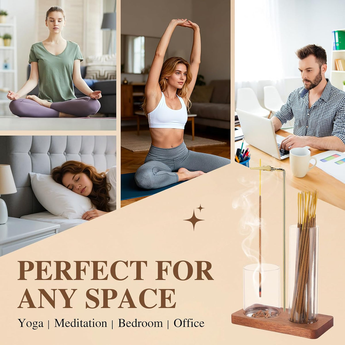 2 in 1 Incense Holder for Sticks with Glass Ash Catcher, Upside Down Anti-Ash Incense Stick Burner for Outdoor Patio, Modern Vertical Incense Holder for Home Decor, Spa, Meditation and Reddish Brown