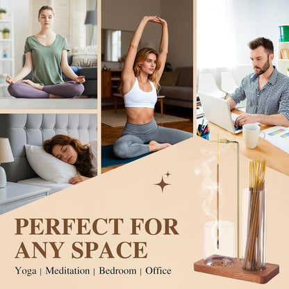 2 in 1 Incense Holder for Sticks with Glass Ash Catcher, Upside Down Anti-Ash Incense Stick Burner for Outdoor Patio, Modern Vertical Incense Holder for Home Decor, Spa, Meditation and Reddish Brown