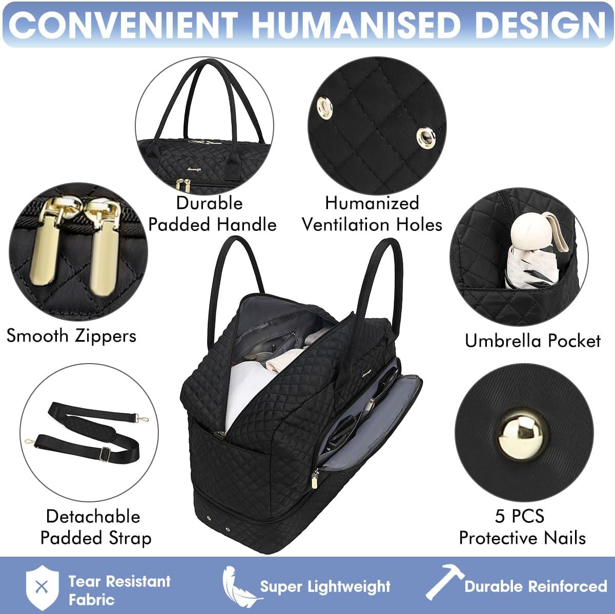 Large Women Travel Duffle Bag, Carry on Bag with Wet Toiletry Pocket for Overnight, Weekend, Yoga, Gym, Business Trips, Sport and Hospital, Black - Colors A