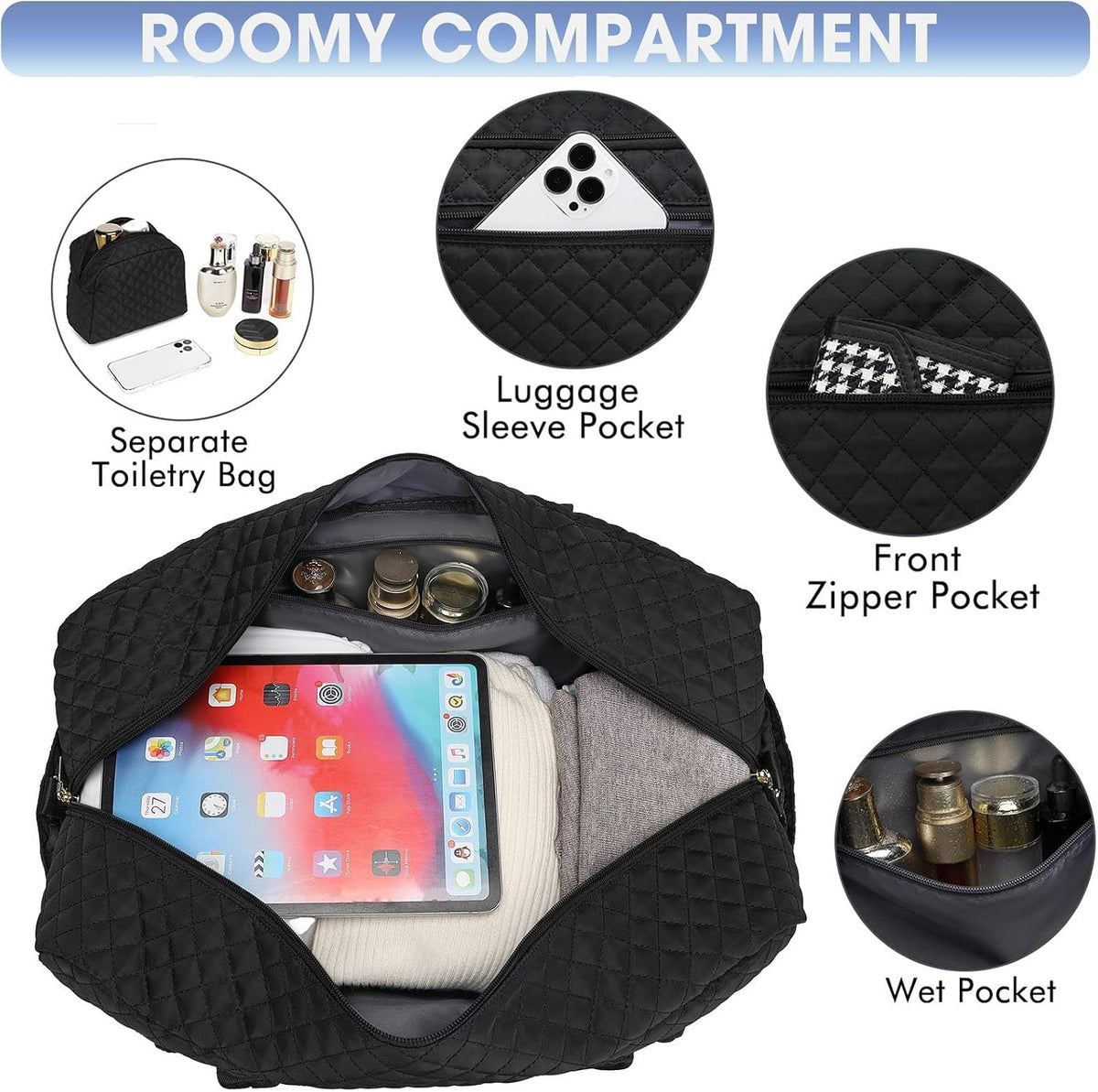 Large Women Travel Duffle Bag, Carry on Bag with Wet Toiletry Pocket for Overnight, Weekend, Yoga, Gym, Business Trips, Sport and Hospital, Black - Colors A